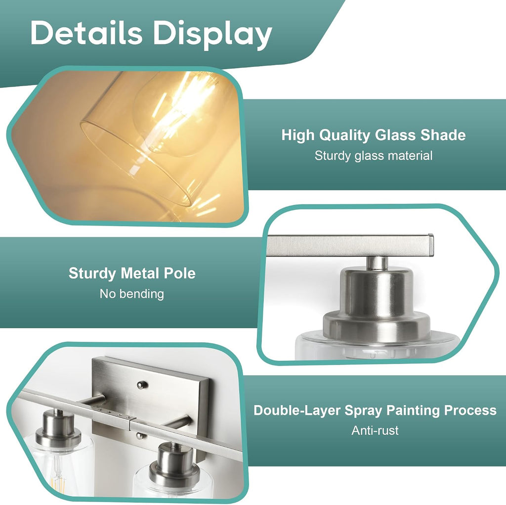 Bathroom Light Fixtures, 4-Light Vanity Light Over Mirror, Brushed Nickel Wall Sconces with Clear Glass Shades, Wall