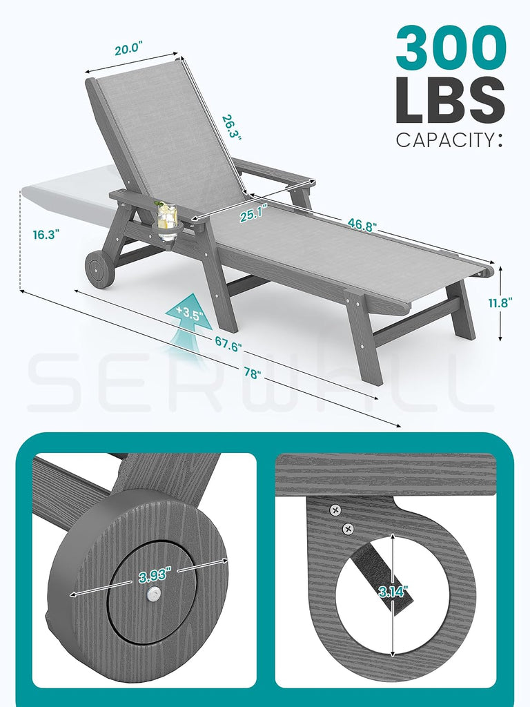 Textilene Patio Chaise Lounge Chair, HDPE Outdoor Lounger | with Rolling Wheels, Gray