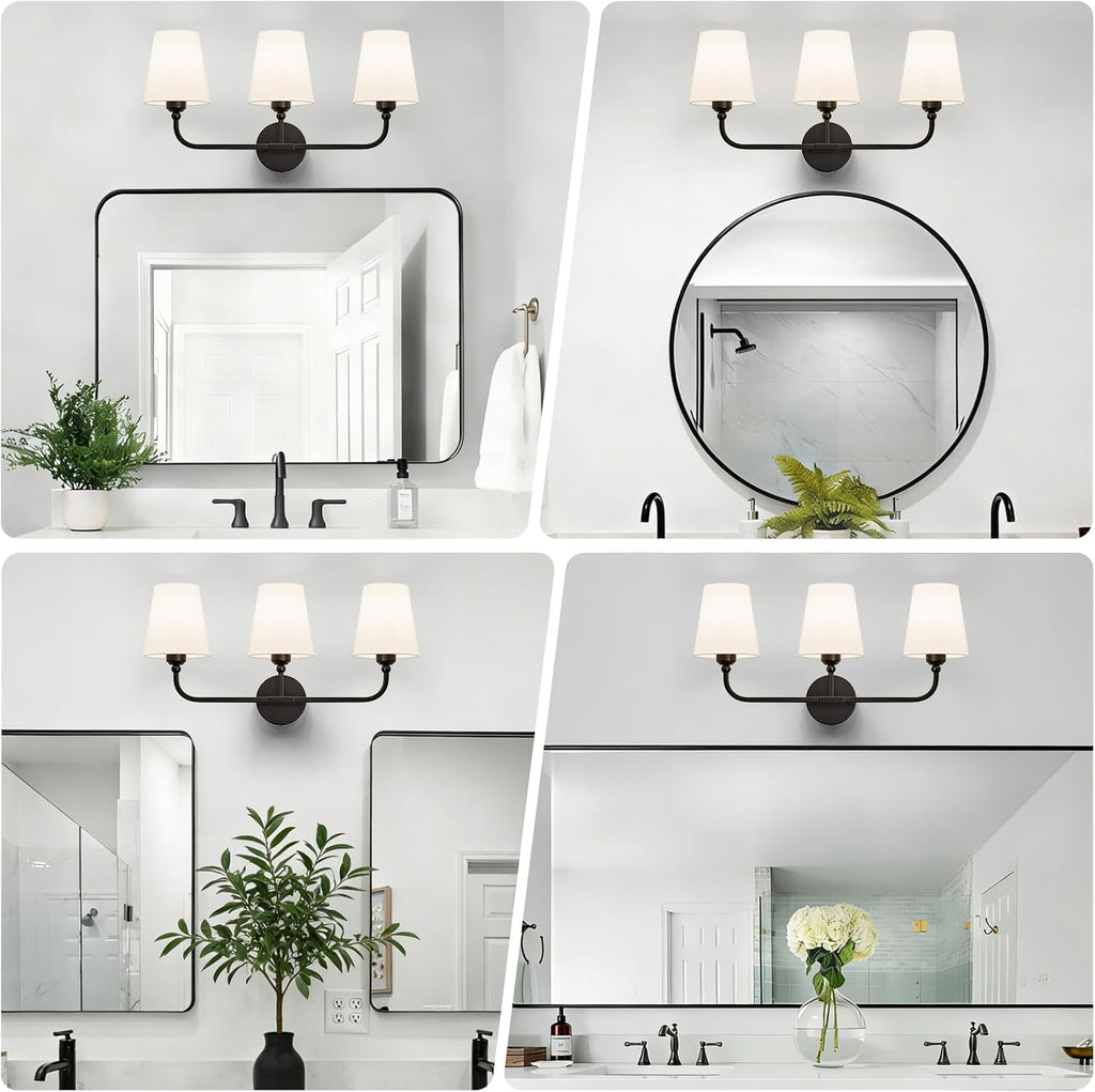 Bathroom Vanity Light, Matte Black Bathroom Lighting Fixtures Over Mirror | 3-Light Bathroom Light Fixtures with