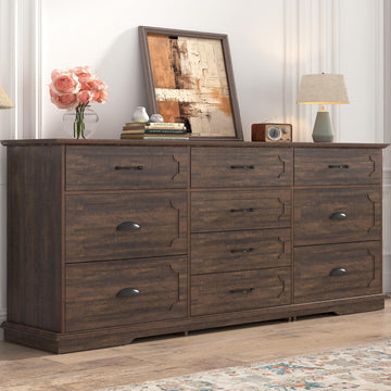 70inch Large Long w/Charging Station, 10 Drawer w/Deep Big Drawers, Wooden Chest of Drawers w/Power Outlet, Brown
