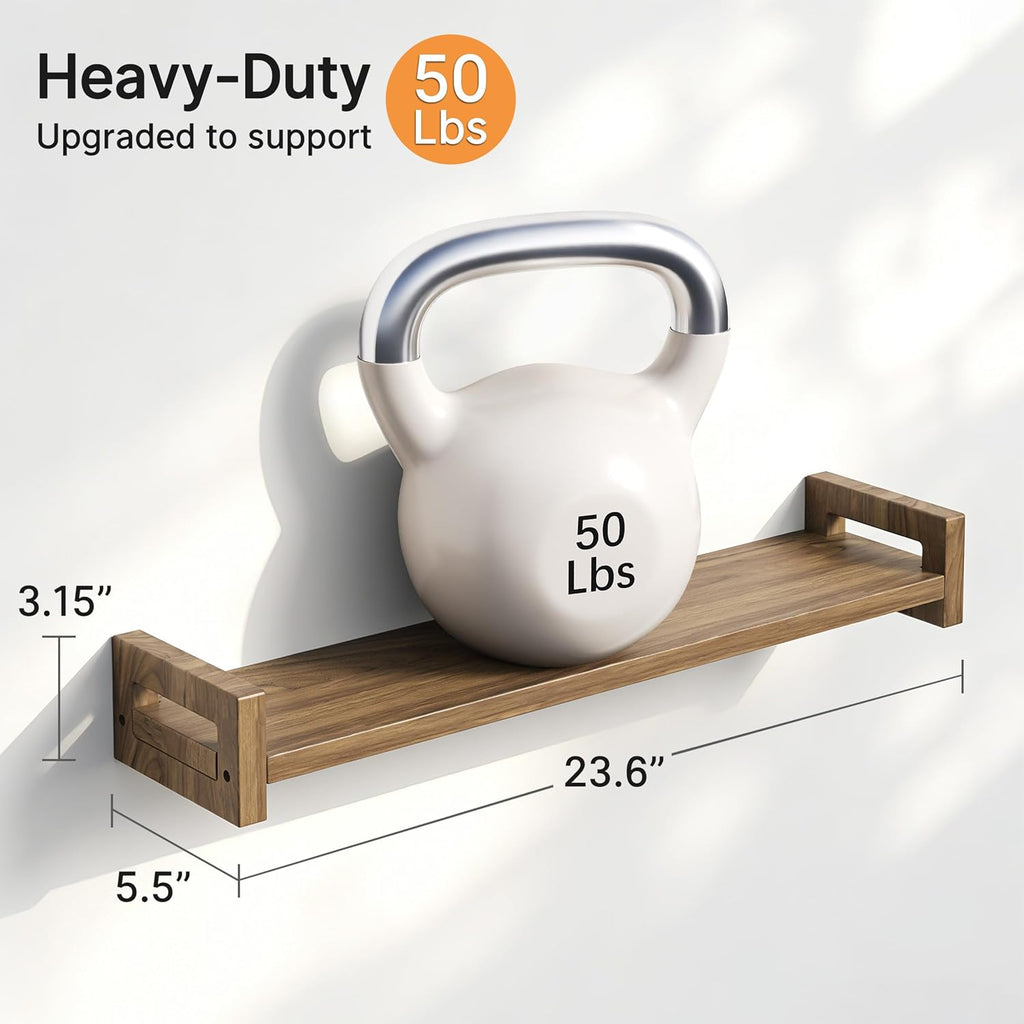 Solid Wood Floating Shelf, 23.6" Wall Shelf for Room, Rustic Walnut, 3 Pack | Natural Pine Wood Shelf on Wall, Rustic