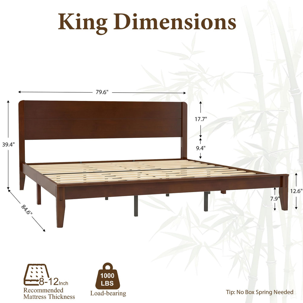 Solid Bamboo King Bed Frame with Headboard, Japanese Joinery