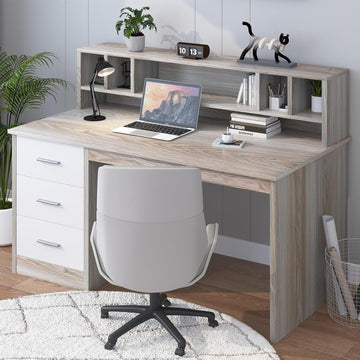 Home Office Desk with Drawers, 46" Small Desk, Computer Desk with Hutch and Drawers, Study Desk with Storage