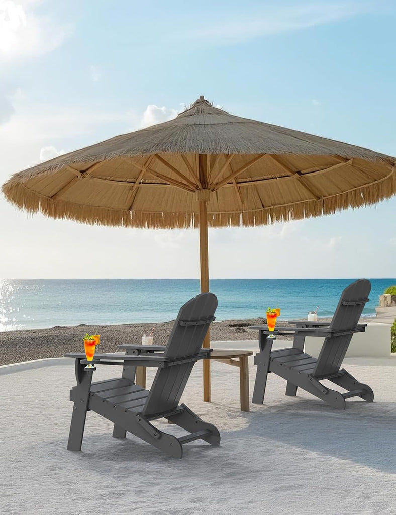 Folding Adirondack Chair Set of 2, Wooden Textured Plastic Adirondack Chairs with 2 Cup Holder, Weather Resistant