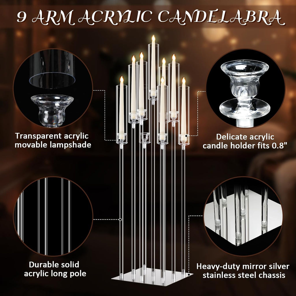 4 Set 9 Arm Acrylic Candelabra Candle Holder 42.5'' Clear Candelabra Centerpieces, Candlesticks Holder with