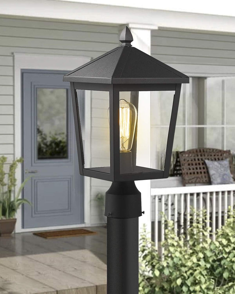 Outdoor Post Light, 16 Inch Exterior Pole Light Pillar Lantern with Clear Glass Shade and Black Finish