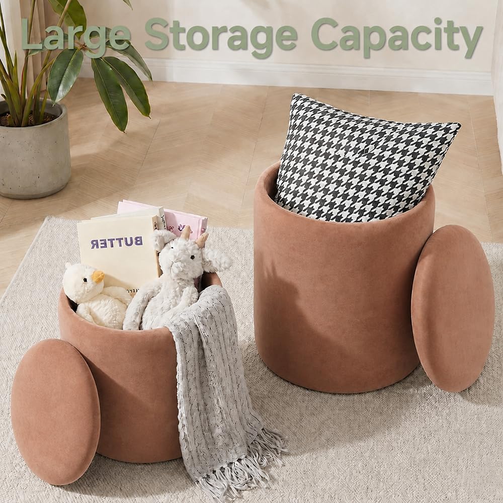 Round Storage Ottoman with Removable Lid, 2-Piece Upholstered Vanity Stool with Hidden Storage Space
