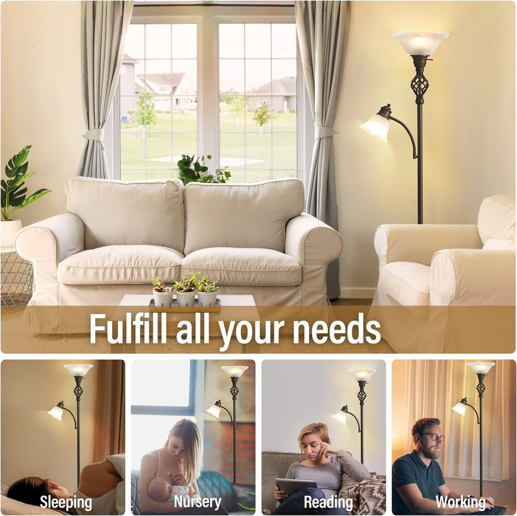 Torchiere Floor Lamp, LED Standing Reading Light with Glass Shade Corner Bedroom Home Office,Bulbs Included (Red Brown