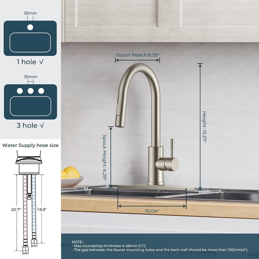Kitchen Faucet with Pull Down Sprayer, Brushed Nickel High Arc Modern Classic Sink Faucet Stainless Steel with Deck