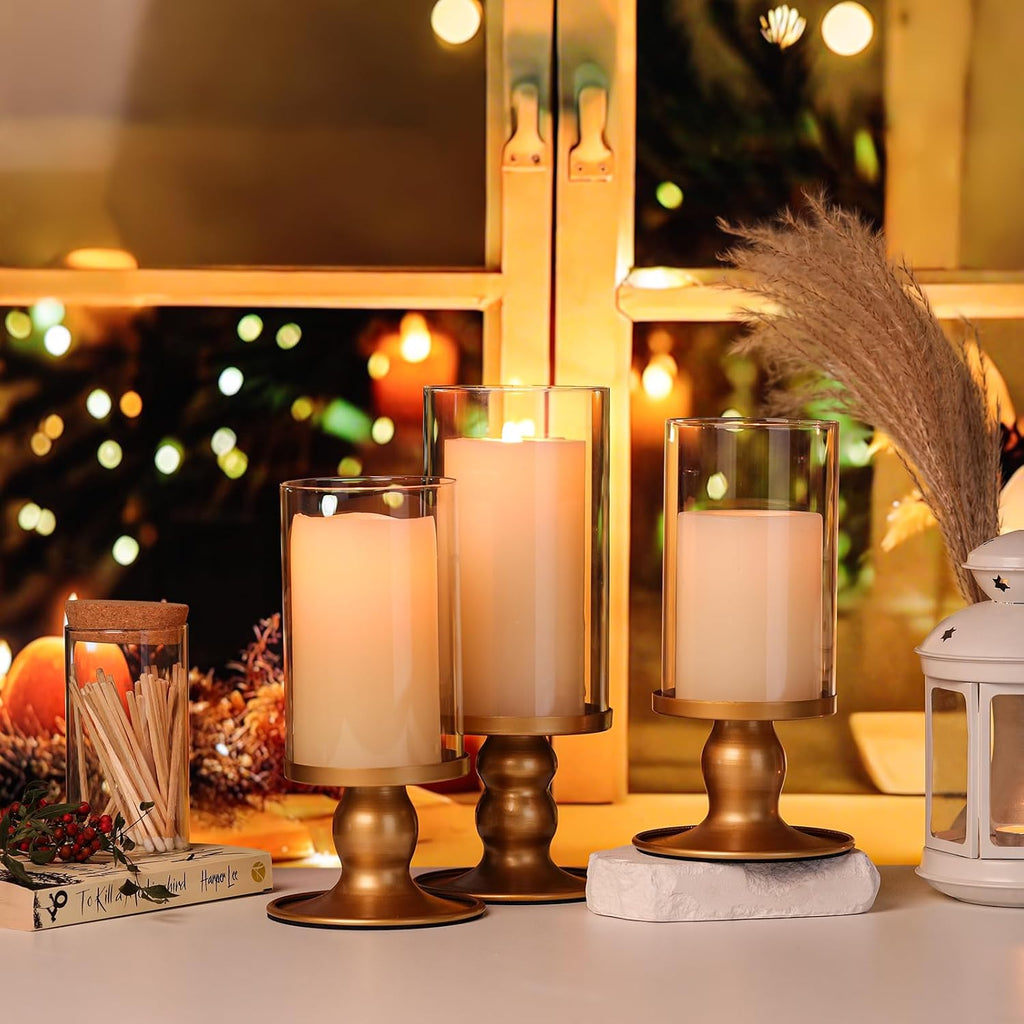 4Pcs Hurricane Candle Holder for Pillar Candles, Gold Candle Holders with Clear Glass Sleeve for Table