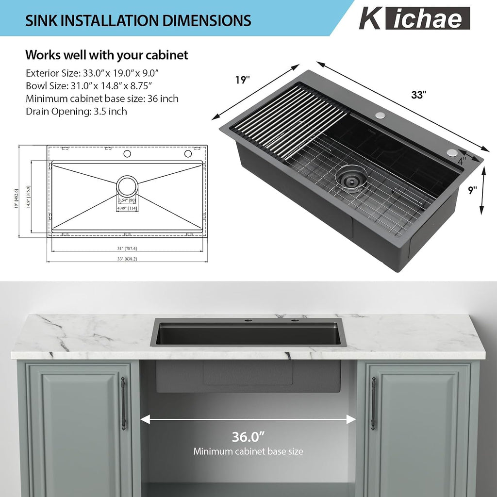 33 Black Drop In Kitchen Sink Workstation 33x19 Black Kitchen Sink