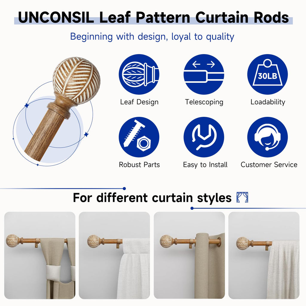 Wood Curtain Rods for Windows: 1 Inch Diameter Adjustable Heavy Duty Curtain Rod 32" to 45" with Imitation Wood Grain