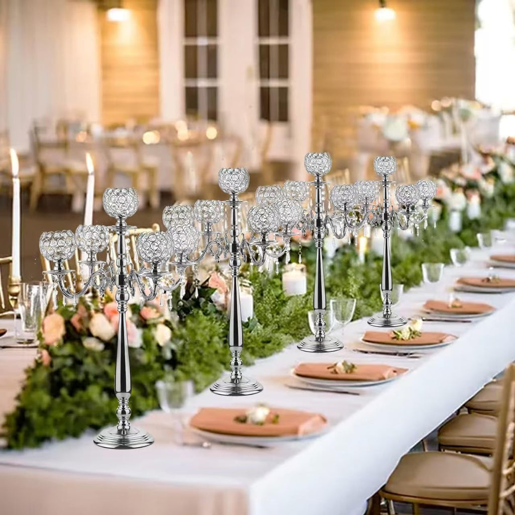 4Sets 5 Arm Crystal Candelabra Centerpieces,29.5Inches Tall Silver Metal Candlestick Holders with 5 Flower Bowl Holdern