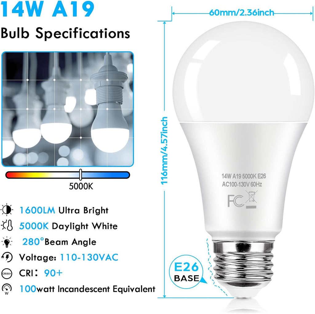 LED Light Bulbs 100 Watt Equivalent 1600 Lumens, A19 14W Super Bright Daylight White 5000K LED Bulbs, Standard E26 (12-Pack)