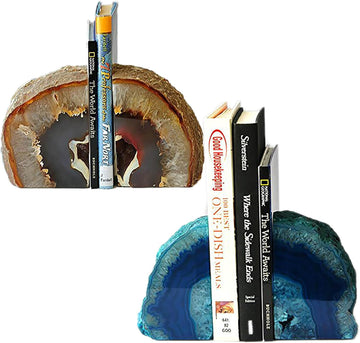 Agate Bookends Geode Book Ends Heavy Duty Bookend Holder Decor with Rubber Bumpers 1 Pair Teal 2-3 lbs and 1