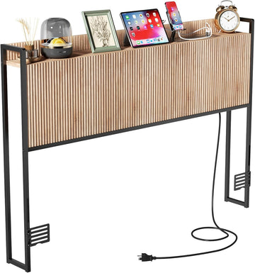 King Headboard Only with Outlets, Wall Mount Wood Fluted Headboard with Storage, Height Adjustable, Storage Rack