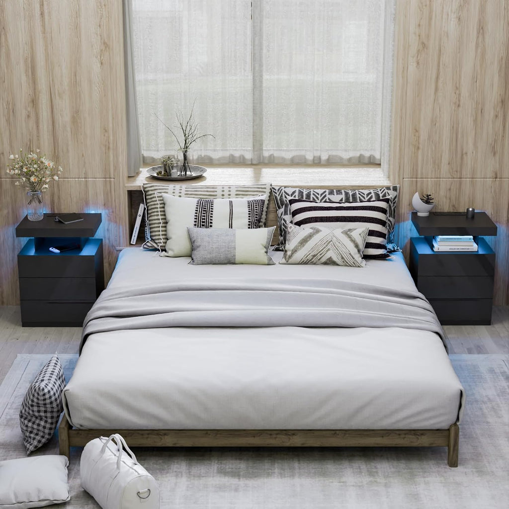 LED Nightstand with Wireless Charging Station & USB Ports, Modern Bedside Table, 3 Drawer Black Night Stand with Open