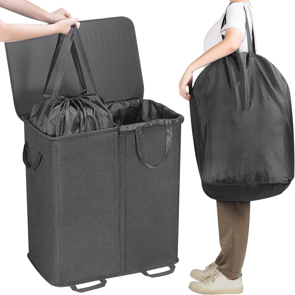 Double Laundry Hamper with Lid and Removable Laundry Bags, Large Collapsible 2 Dividers Dirty Clothes Basket with