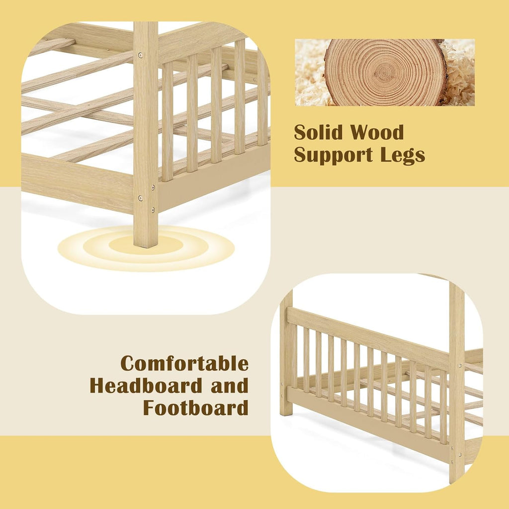 Full Size Floor Bed, Solid Wood Montessori House Bed with Roof, Headboard and Footboard, Low Full Bed Frame for Kids