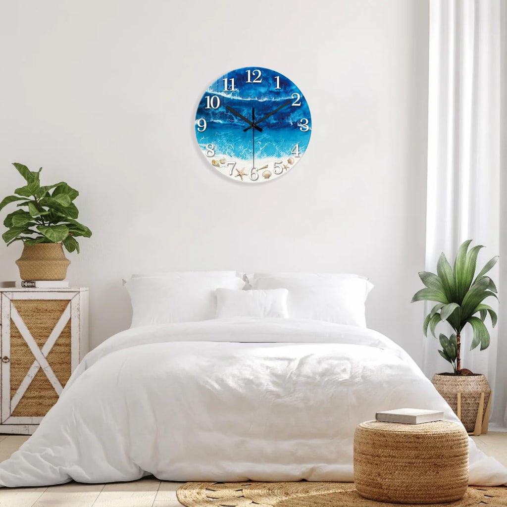 Large Coastal Beach Wall Clock 24 Inch Blue Seashell Silent
