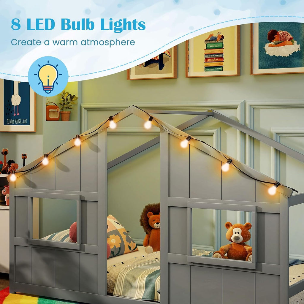 Twin Kids House Bed with Light Bulbs, Wooden Montessori Floor Bed Frame with Roof & Windows, Twin Floor Bed for Kids