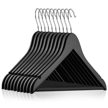 10 Black Wooden Suit Hangers - Premium Lotus Wood with Notches & Chrome Swivel Hook for Dress Clothes, Coats