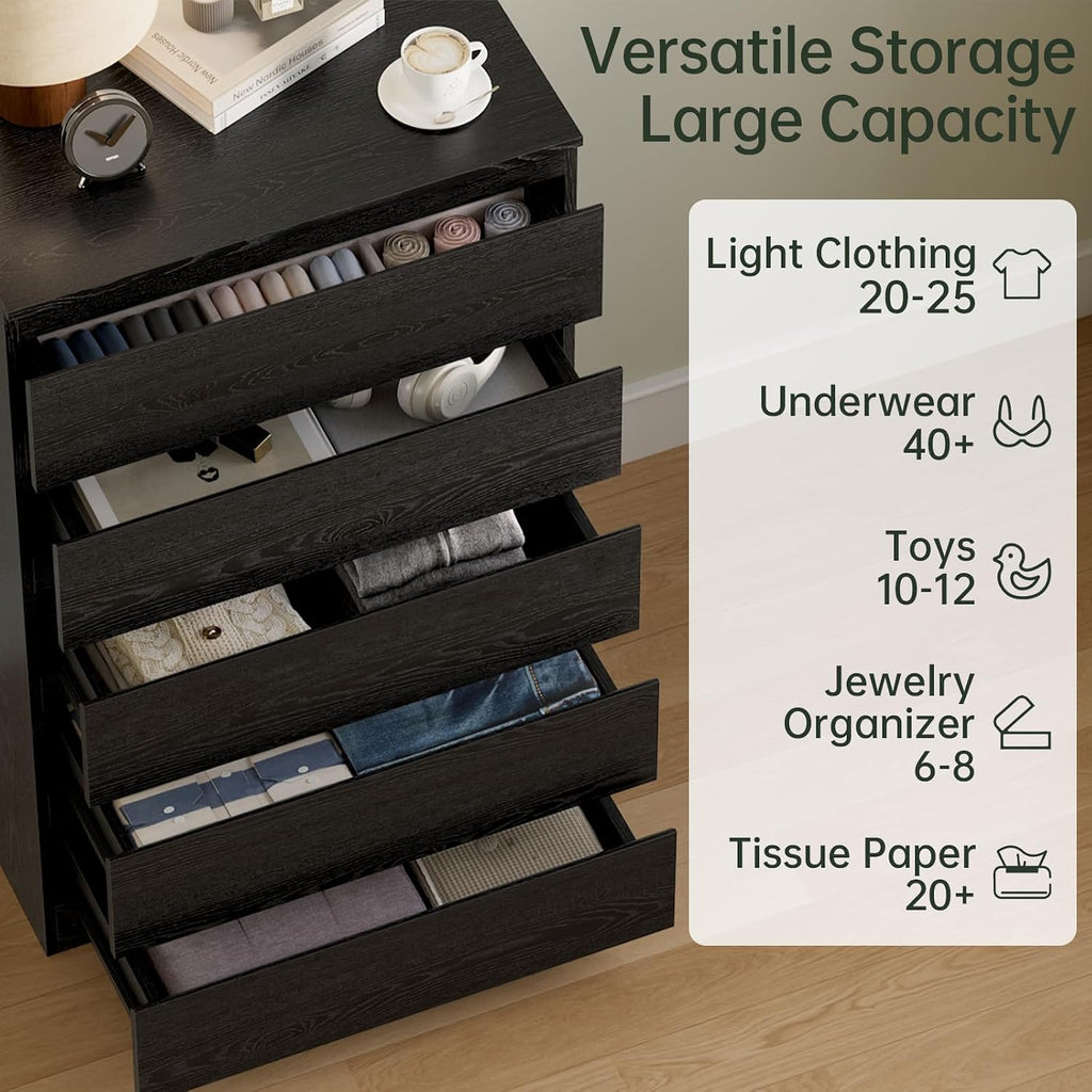 Black Wood Dresser , 5 Drawer for Clothes Storage | Handle-Free, Tall Wooden Chest Drawers , Night Stand