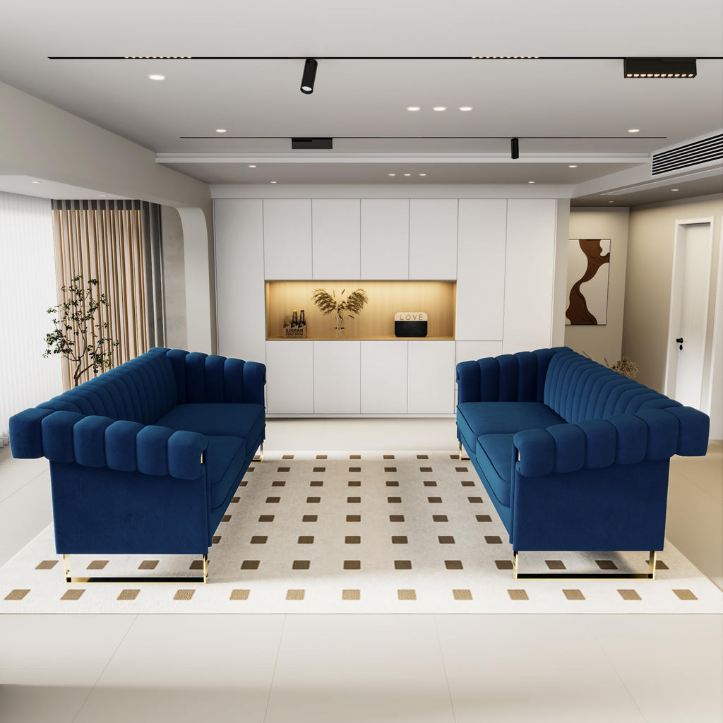 2 Piece Couch Set, Blue Couches, Chesterfield Sofa Set with Gold Metal Legs, Tufted Couches (Blue, 83.86")