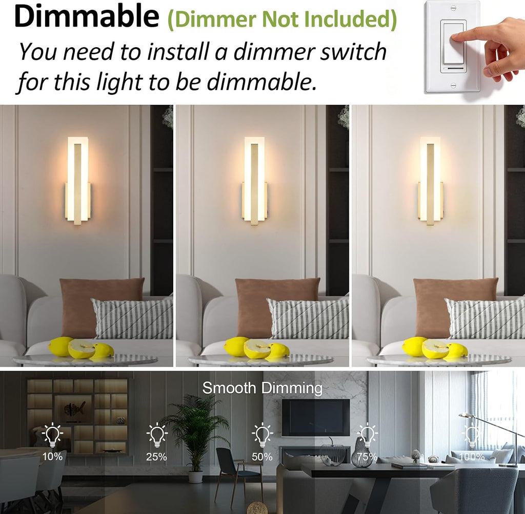 Hardwired Gold Dimmable Modern LED Wall Sconce 2 Packs 3000K 3500K 4000K 5000K 6000K Indoor Wall Lights Up and Down