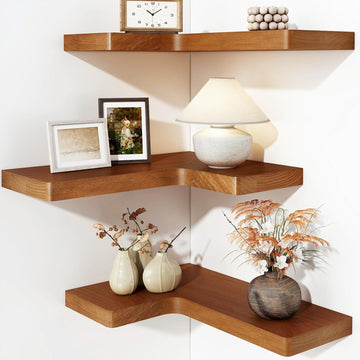 Corner Floating Shelves for Wall Mounted Natural Solid Wood 16"x11.4" Farmhouse Home Decor Display Shelving Set of 3