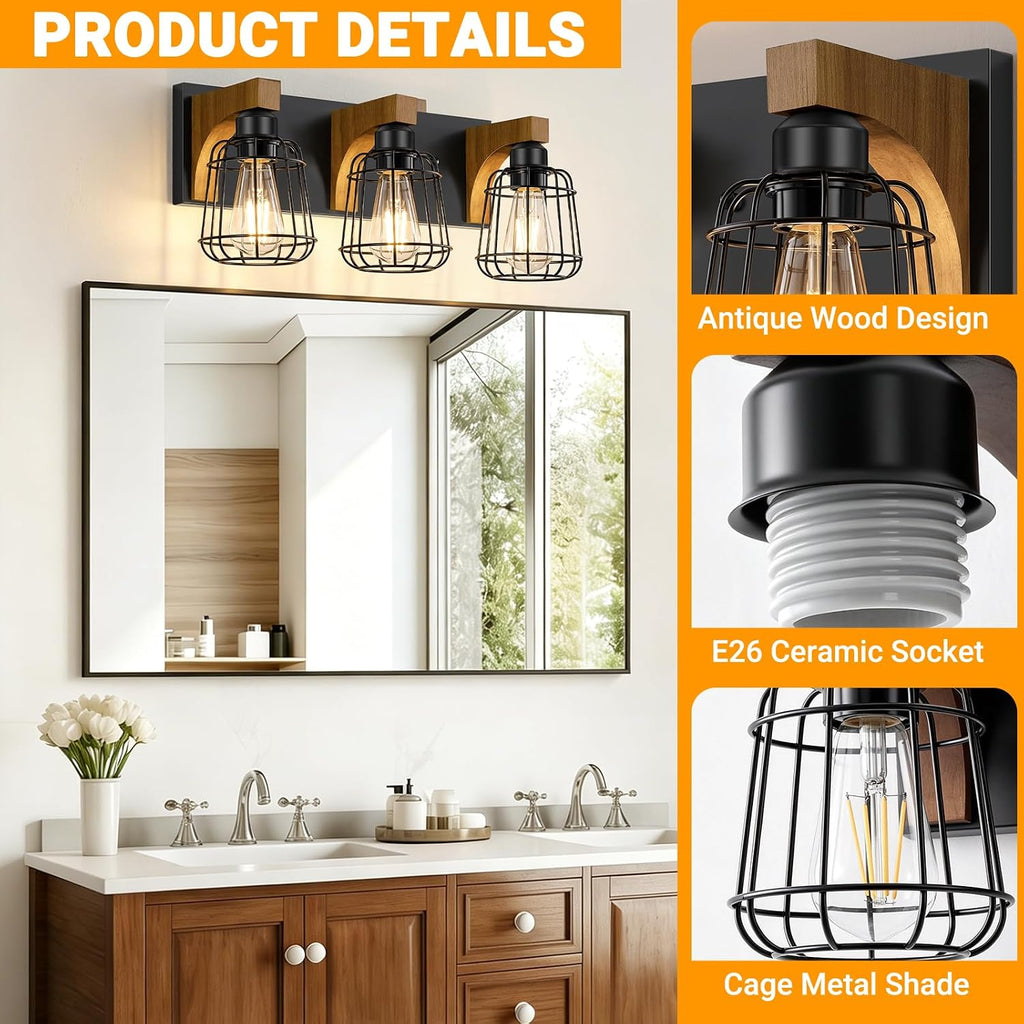 3-Light Bathroom Light Fixtures, Wood Bathroom Wall Lights, Modern Bathroom Vanity Light with Cage Metal Shade