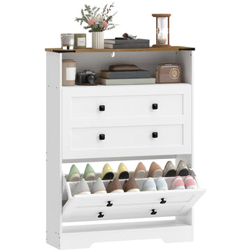 Shoe Cabinet with 2 Flip Drawers, Narrow, Adjustable Shelves, White