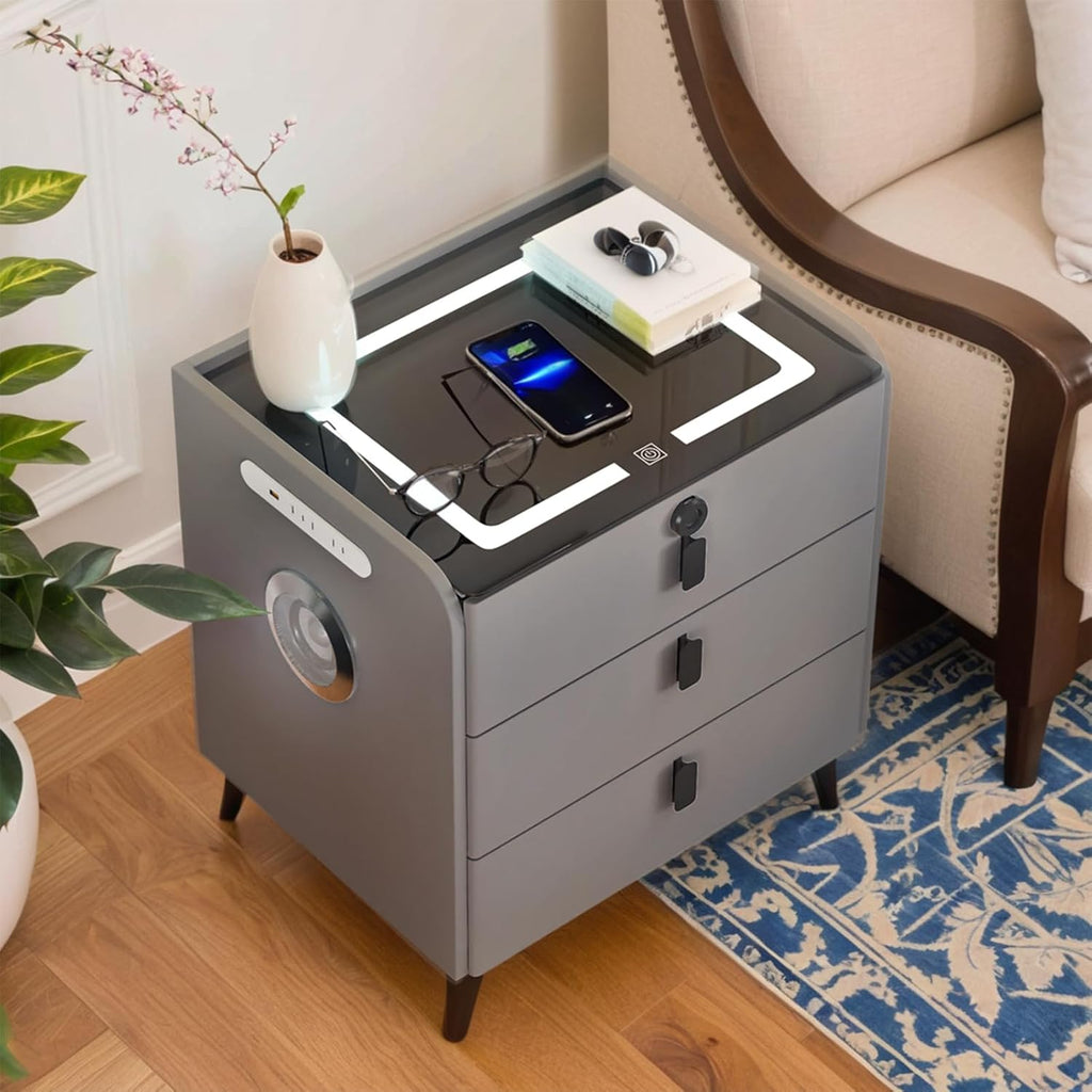 Smart Nightstand with Fingerprint Lock Drawer, Nightstand with Wireless Charging, Night Stand with Charging Station,2
