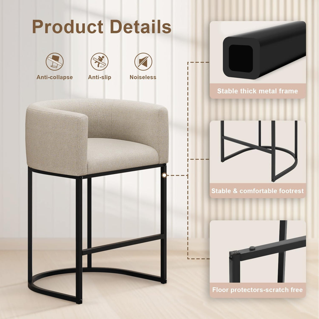 26" H Counter Height Bar Stools Set of 3, Modern Barrel Counter Stools with Backrest and Arms, Linen Fabric