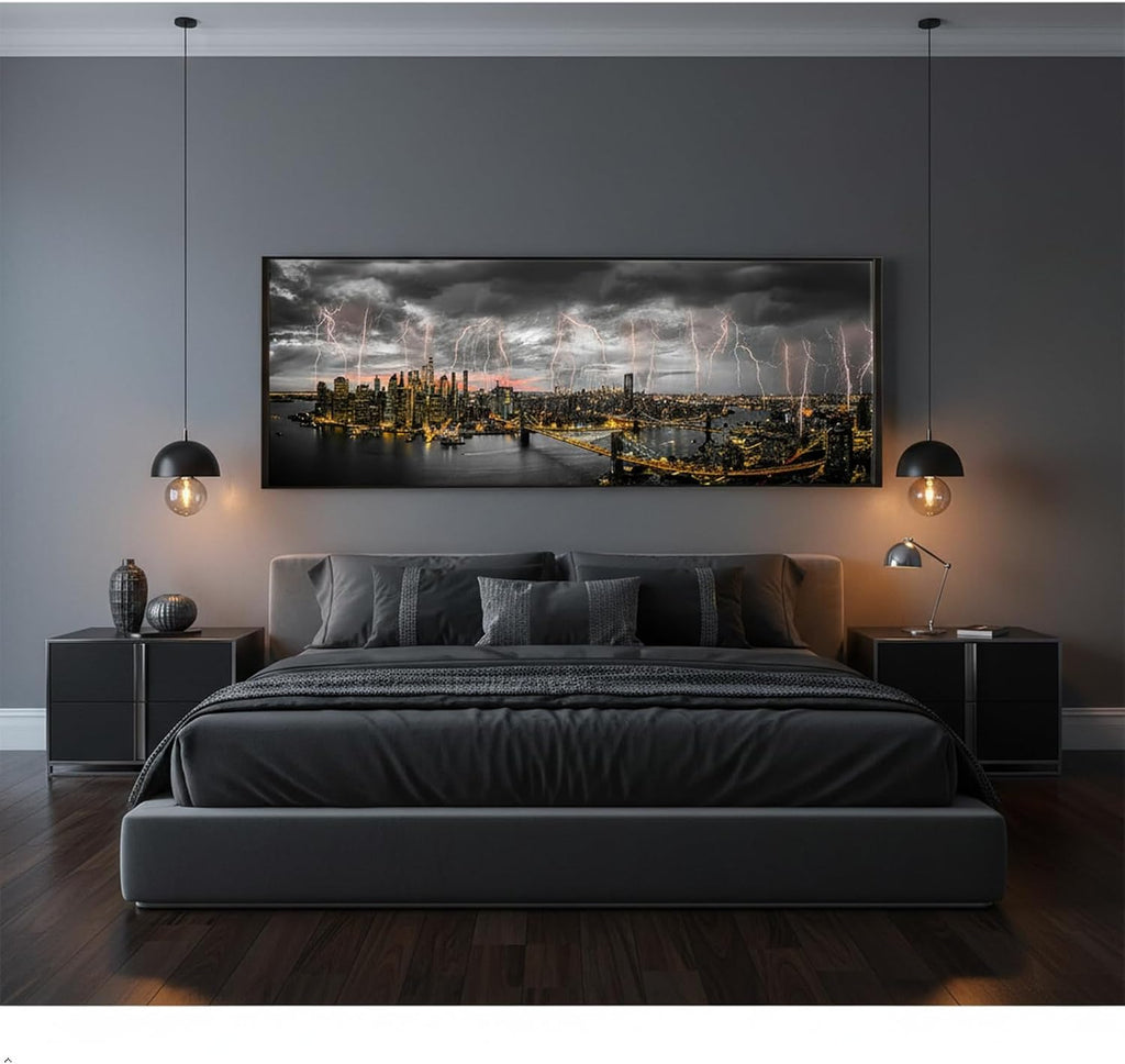 New York City Skyline Lightning Night View Canvas Prints with Black Floater Frame 20x55 Inch Wide Panoramic Wall Art