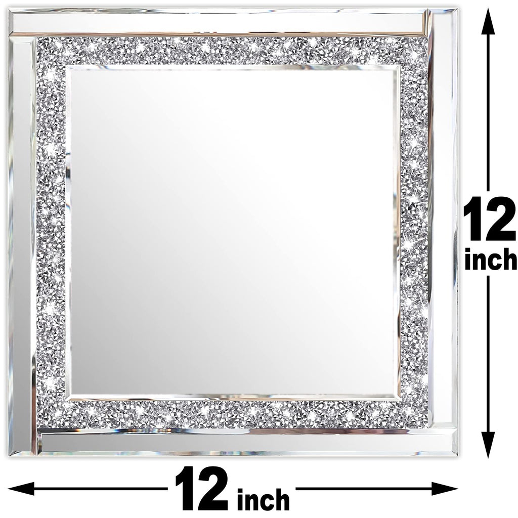 Crystal Crush Diamond Silver Mirror 12'' x 12'' 2PCS,Frameless Stylish Gorgeous Diamond Decor Glam Glass Mirror.