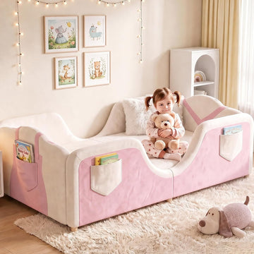 Toddler Bed, Toddler Floor Bed, Upholstered Toddler Bed Frame | Montessori Kid Bed, Wood Slats, 6 storage pockets
