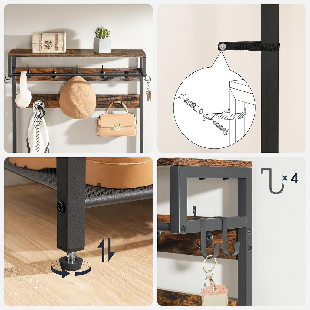 Hall Tree with Bench, Shoe and Coat Rack , Coat Rack with Bench, Flip Top Storage Box, PU Cushioned Seat, Non-Woven