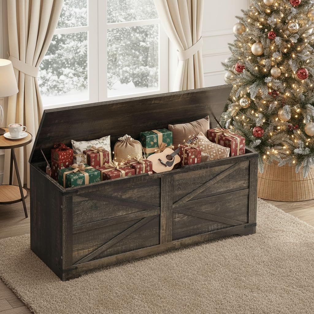 Wooden Storage Bench, Farmhouse Storage Chest with Safety Hinges, Entryway Shoe Organizer, Multi-Use Storage
