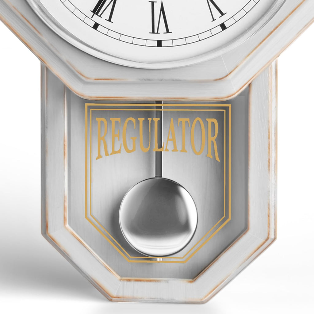 Pendulum Wall Clock, Real Wood Regulator Clock, White, Quiet Non-Chiming