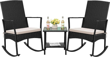 Rocking Chair Outdoor High Back Patio Chairs with Table,Beige | PE Rattan Porch Rocker Patio Conversation Sets for