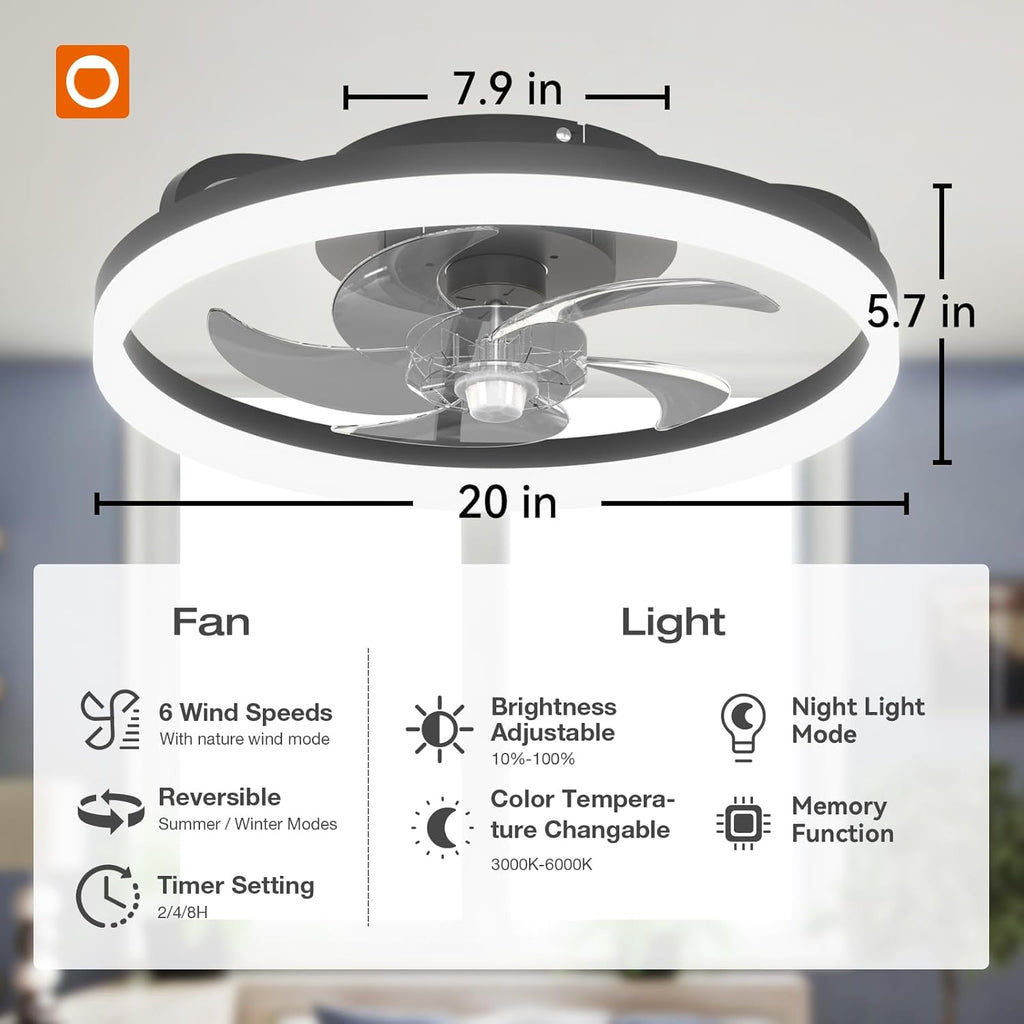 Modern Ceiling Fans with Lights and Remote, Flush Mount, 20 Inch Bladeless Ceiling Fan with Light, Low Profile Ceiling Fan, Reversible, 3CCT, Dimmable, Quiet, Ceiling Fans for Bedroom, Black