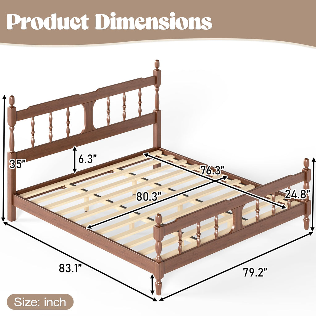 King Vintage Wood Spindle Post Bed, Bamboo Platform Bed, Brown
