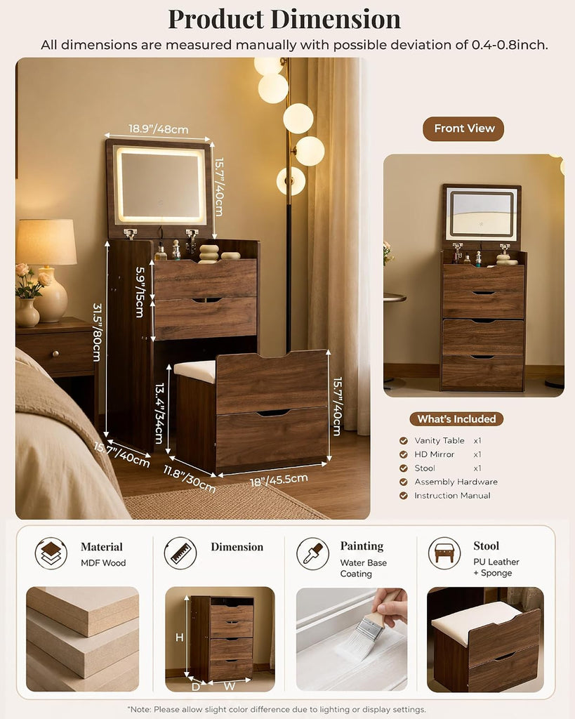 Small Vanity with Mirror and Lights for Small Space, 3-in-1 Compact Makeup Vanity Desk with Storage, Flip Top Vanity