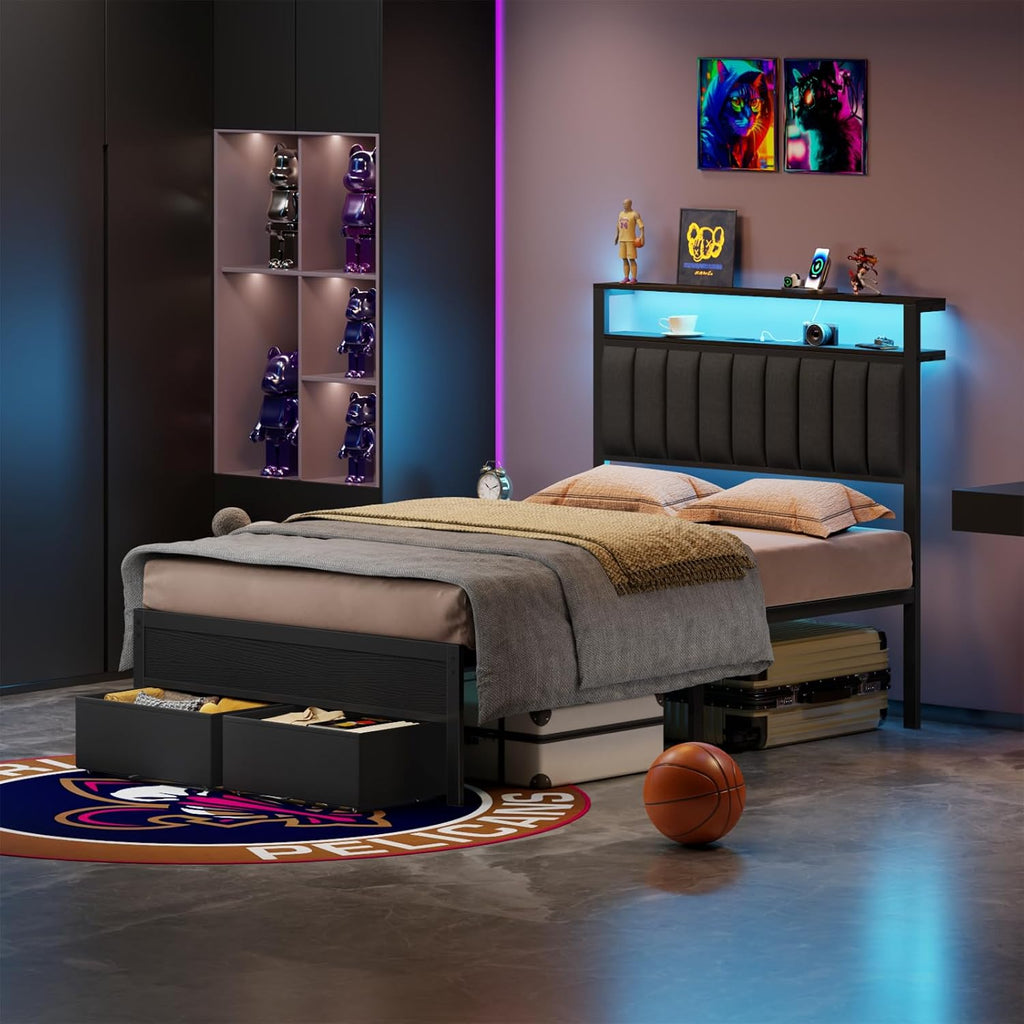 Full Bed Frame with Charging Station and LED Lights, Grey Upholstered Headboard with Shelves