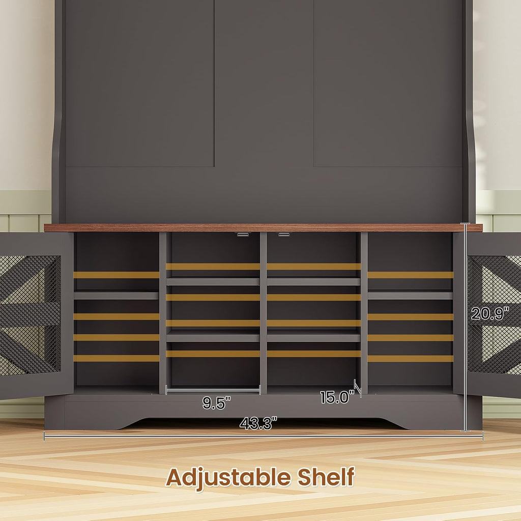 Hall Tree with Bench and Shoe Storage, 5-in-1 Entryway Bench with Coat Rack, 10 Shoe Cubbies & 9 Coat Hooks, Barn
