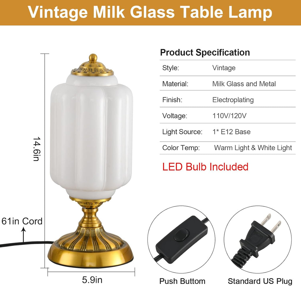 Vintage Milk Glass Table Lamp, Art Deco Mid Century Modern Bedside Lamp, Bedroom Nightstand & Living Room Essential