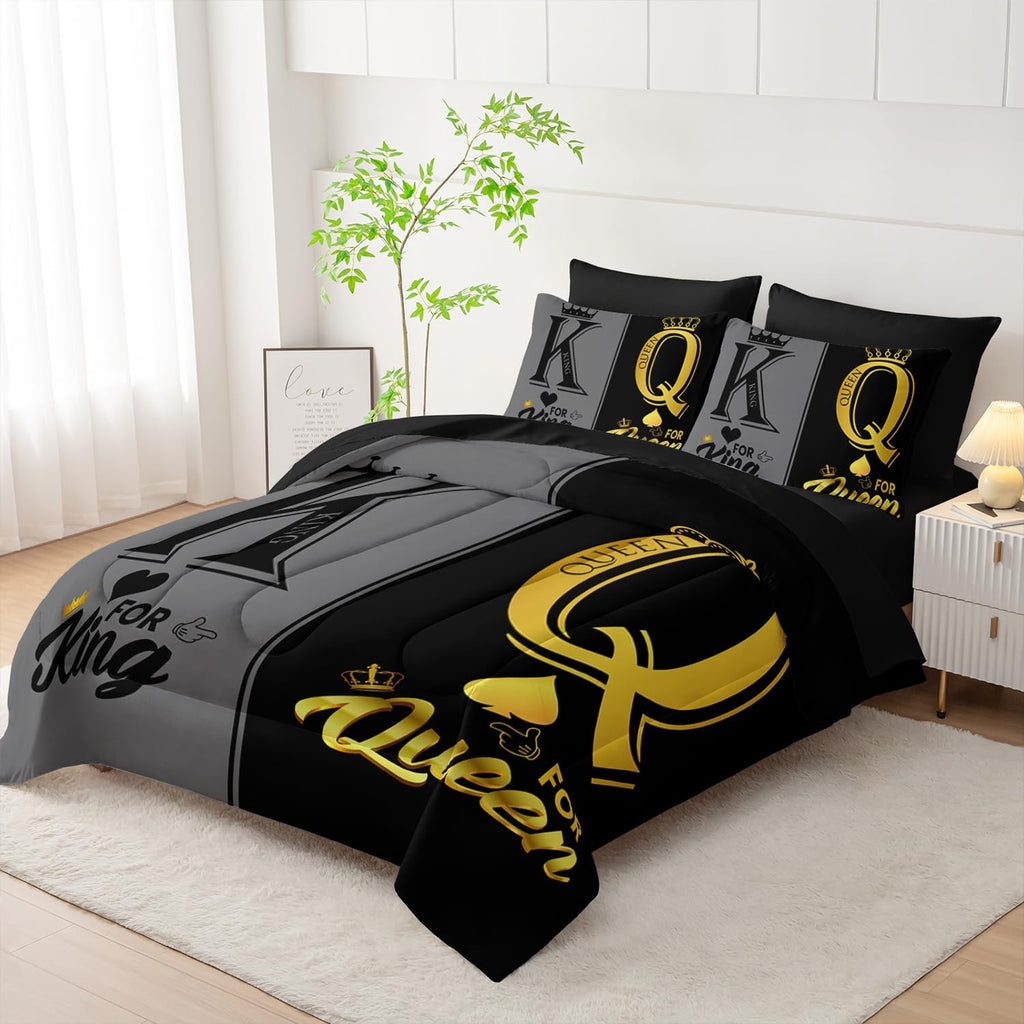 King and Queen Crown Comforter Set Black and Gray Couple Bedding Set,7Pcs Mr Mrs Comforter Set for Adults Couple Men - Set of 7