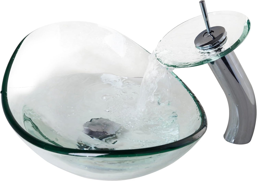22 Inch Bathroom Vessel Sink with Waterfall Faucet and Pop-Up Drain Combo,Clear Glass Sink Bowl Above Counter Oval