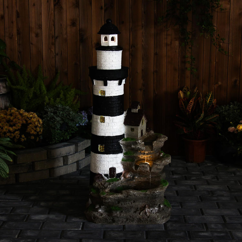 Outdoor Lighthouse Waterfall Fountain 38.58" Tall 3-Tiered Rock Water Feature with LED Lights Décor